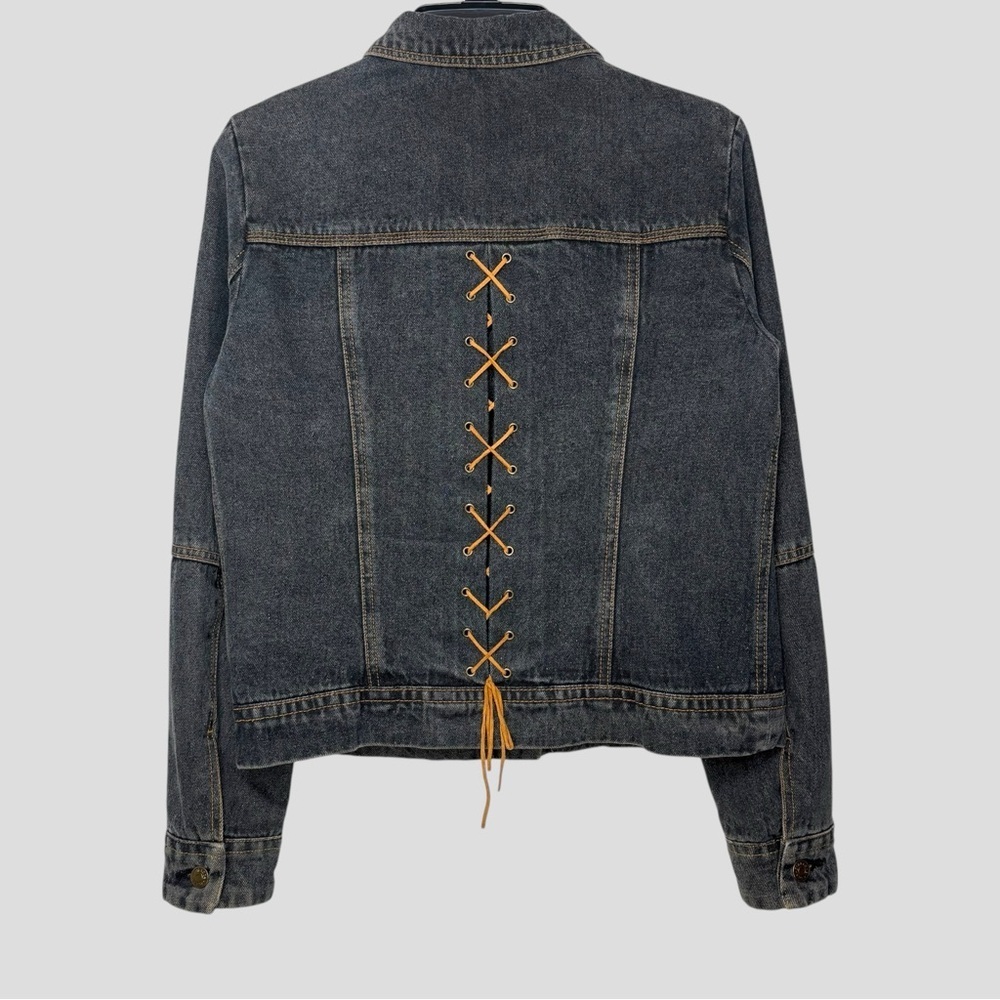 90s Gray Denim Jacket M Lace Up Corset Back Whimsigoth Grunge Steampunk Y2K